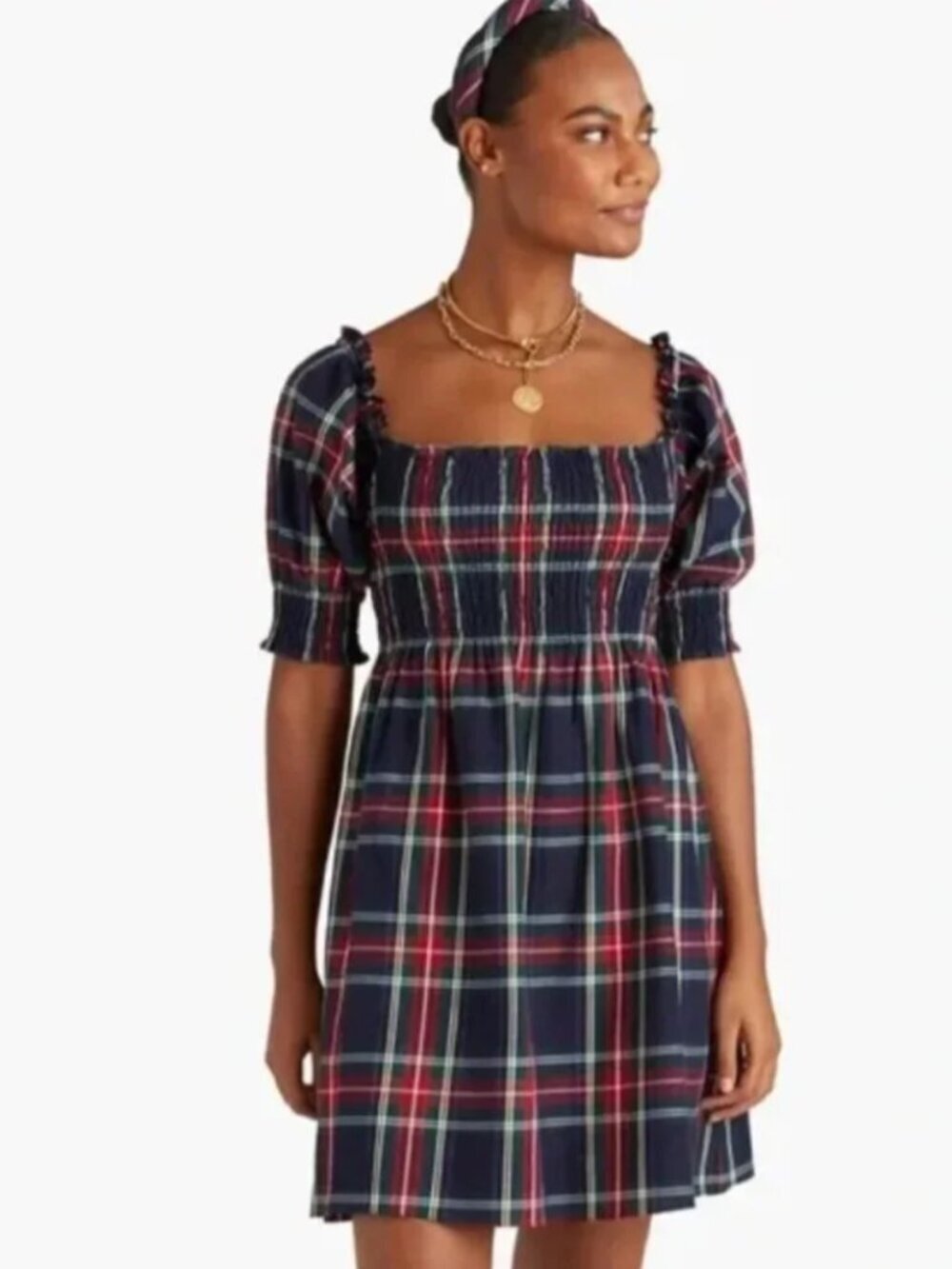 Hill House Home Athena Nap Dress Blue Red Tartan Plaid Smocked Mini Size XS